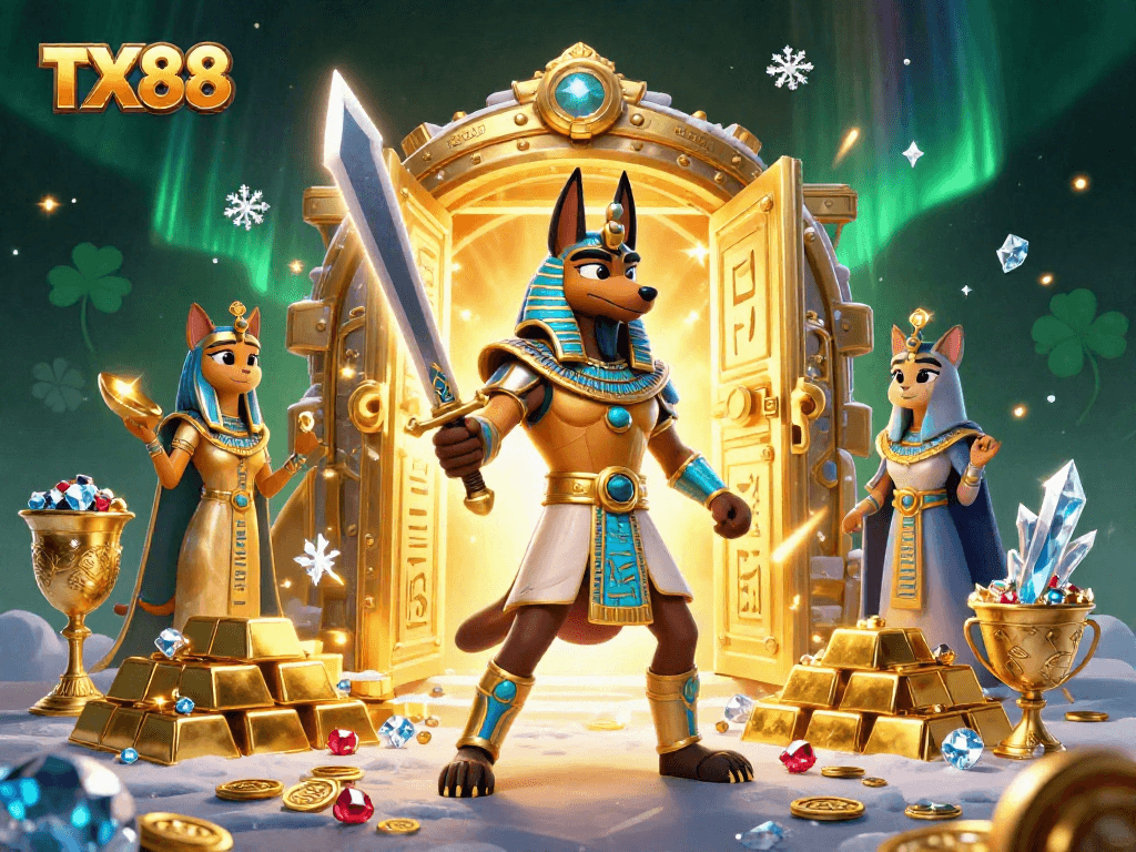 Experience the thrill of TX88 as Anubis and Bastet uncover treasures in a vibrant casino world.