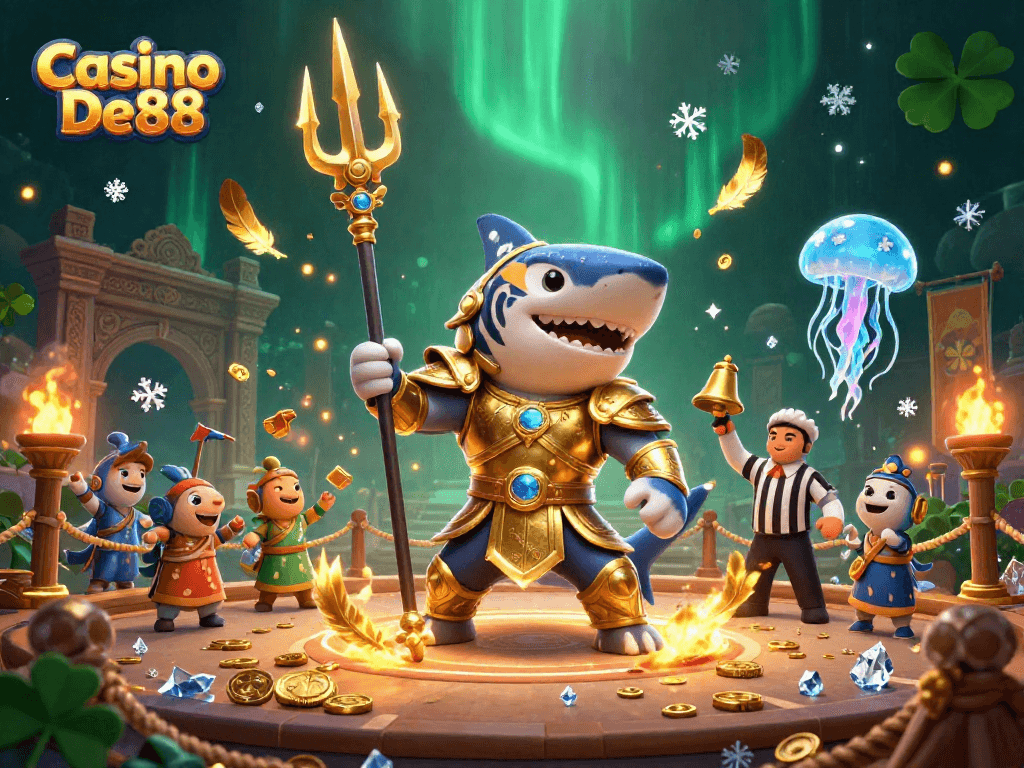 Casino De88 showcases a fierce tiger shark in gladiator armor within a vibrant underwater colosseum.