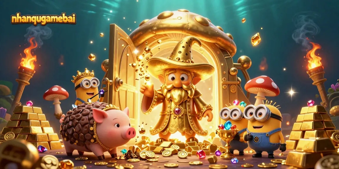 Compete in strategic gameplay with nhanquagamebai, featuring a magical gold-generating scene.