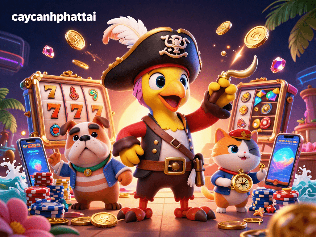 Caycanhphattai features dynamic pirate characters amidst swirling coins and vibrant slot reels.