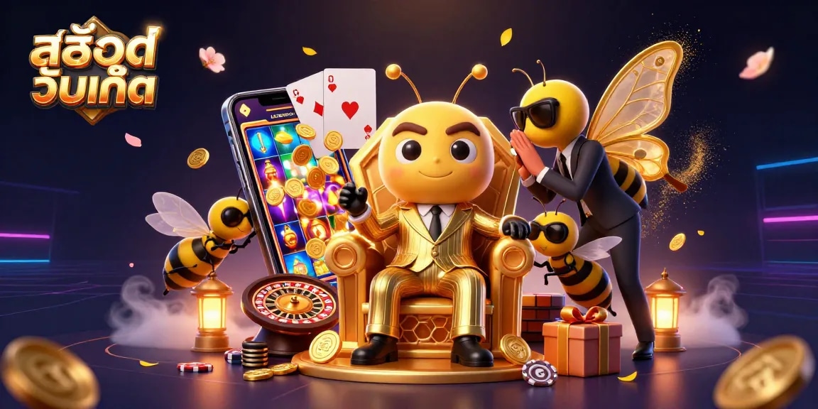 Spin and win with สล็อตอัพเดท alongside a cartoon bumblebee mob boss in a vibrant casino scene.