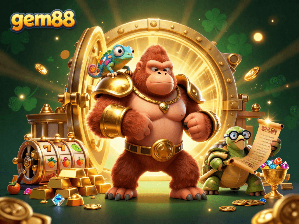 Experience gem88's excitement with a vibrant 3D illustration of a powerful gorilla king and treasure.
