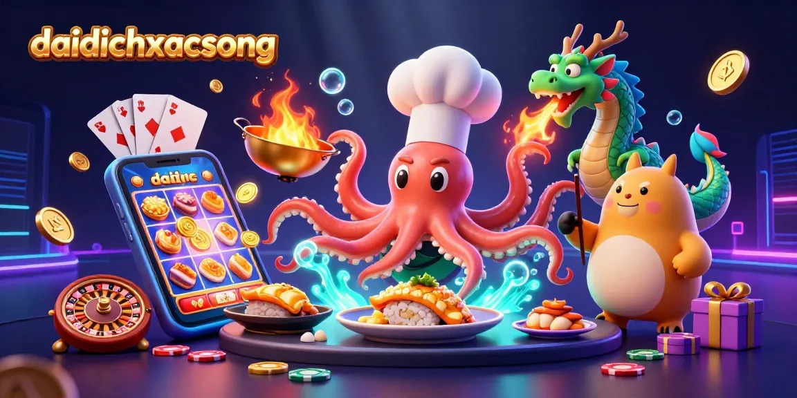 Dive into the action with daidichxacsong as the octopus chef prepares golden dishes amidst vibrant casino elements.