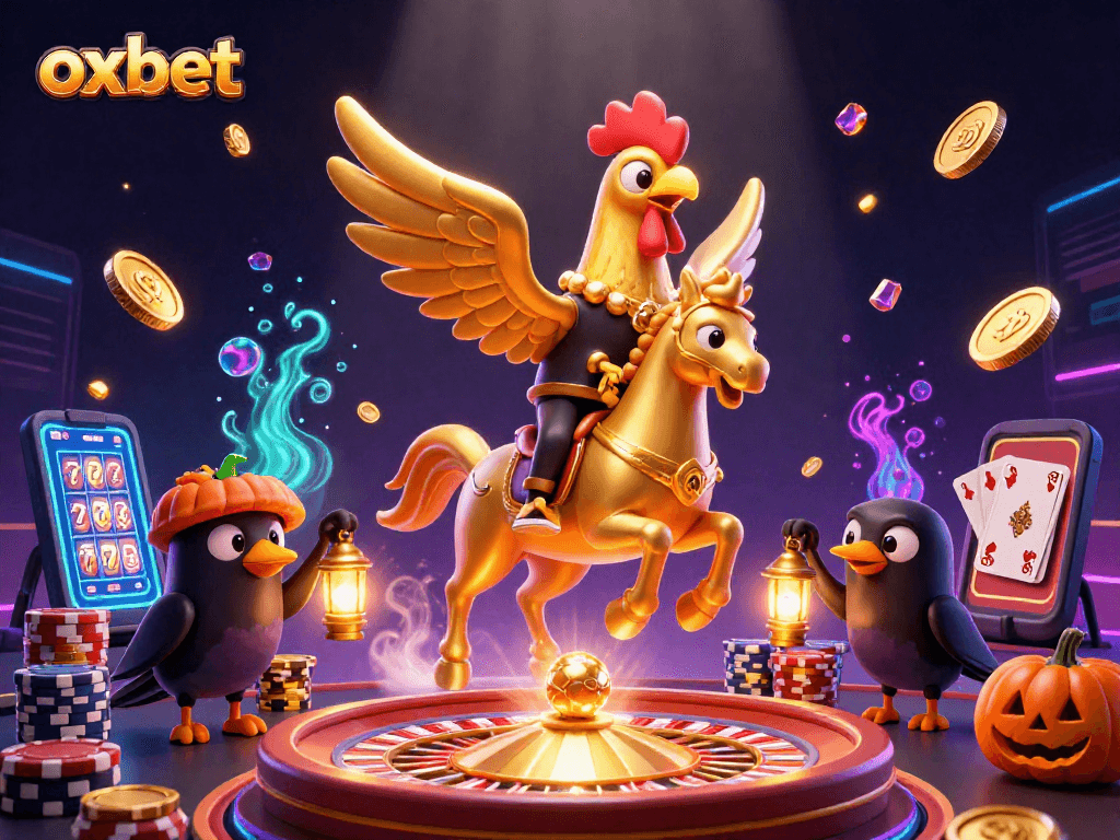 Experience thrilling wins with oxbet in this dynamic casino scene featuring a golden rooster and glowing gems.