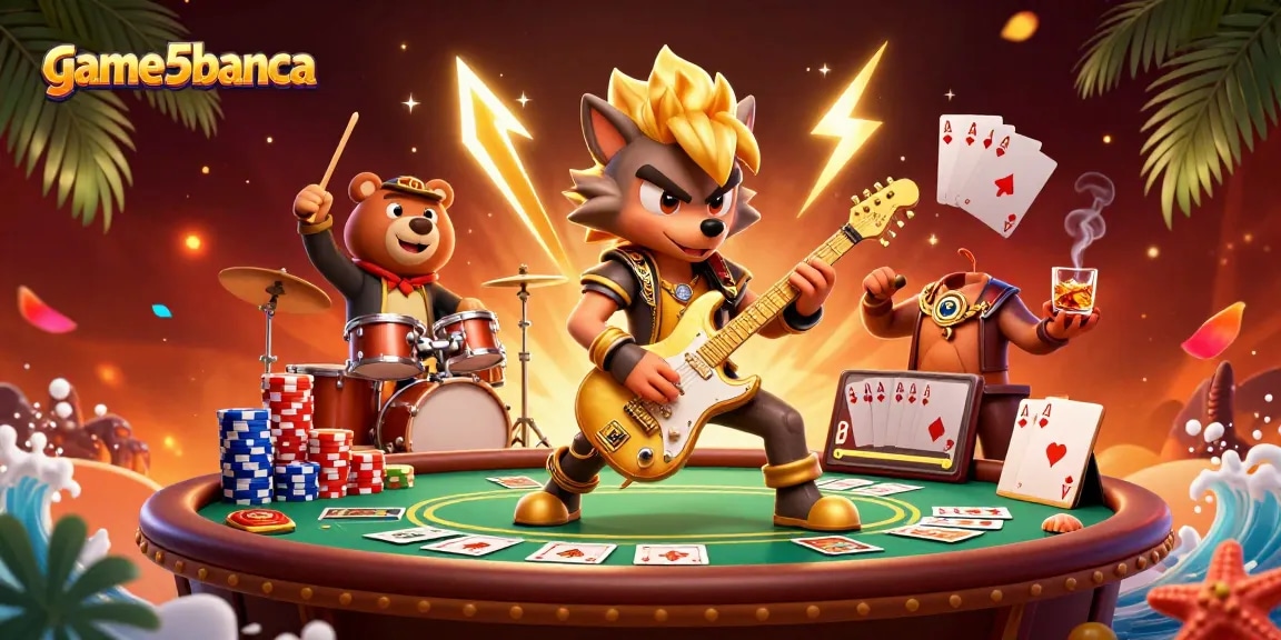 Experience thrilling action with game5banca featuring a cartoon wolf and bear on a casino stage.