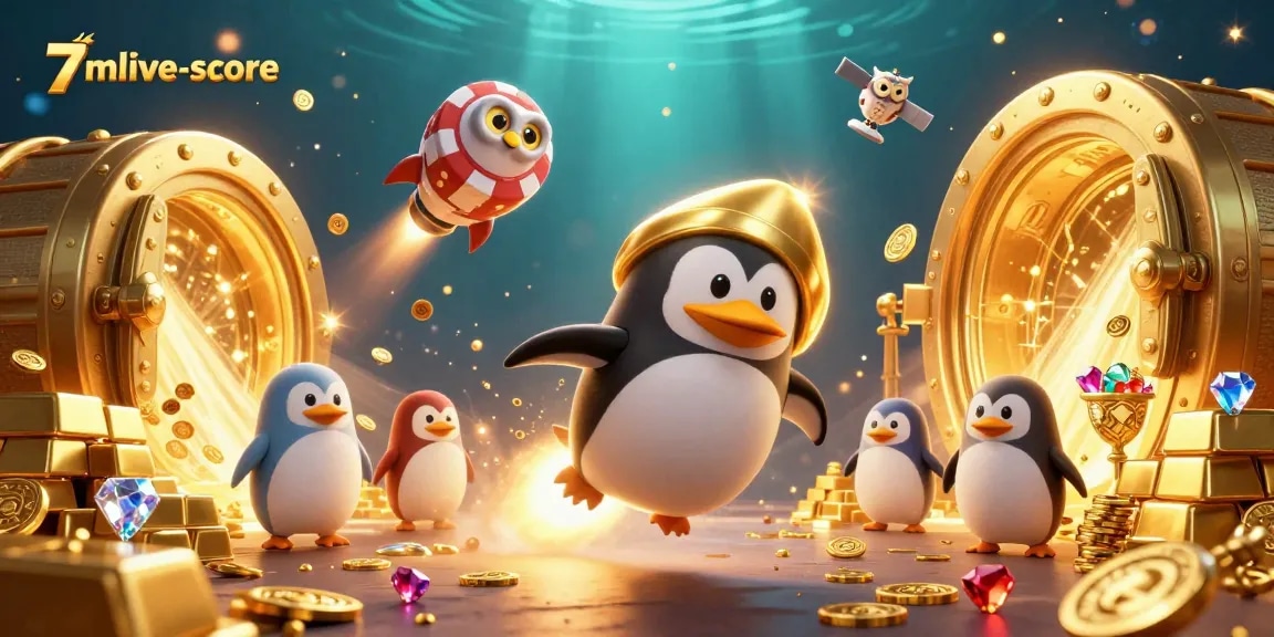 Experience thrilling wins with 7mlive-score as a golden penguin ventures toward a casino!
