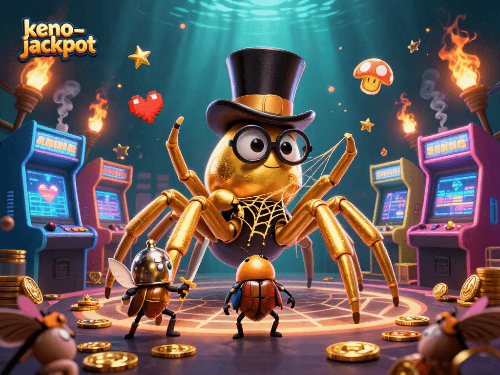 Keno-jackpot shines as a golden tarantula weaves magic around colorful gaming elements in a vibrant casino.