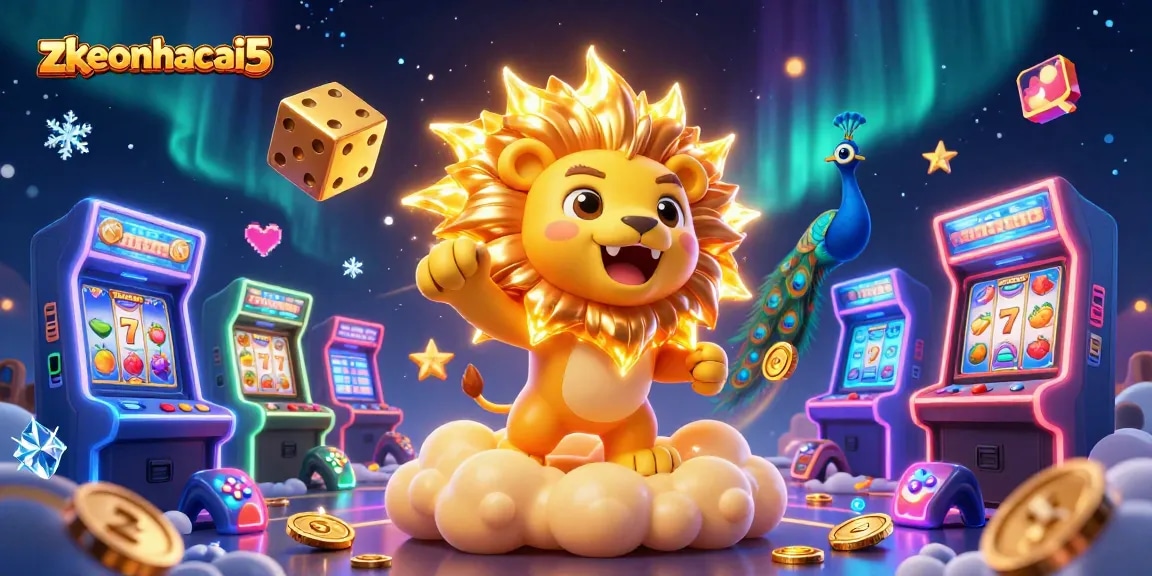 Experience zkeonhacai5 in action with a vibrant casino scene filled with lucky reels and energetic characters.