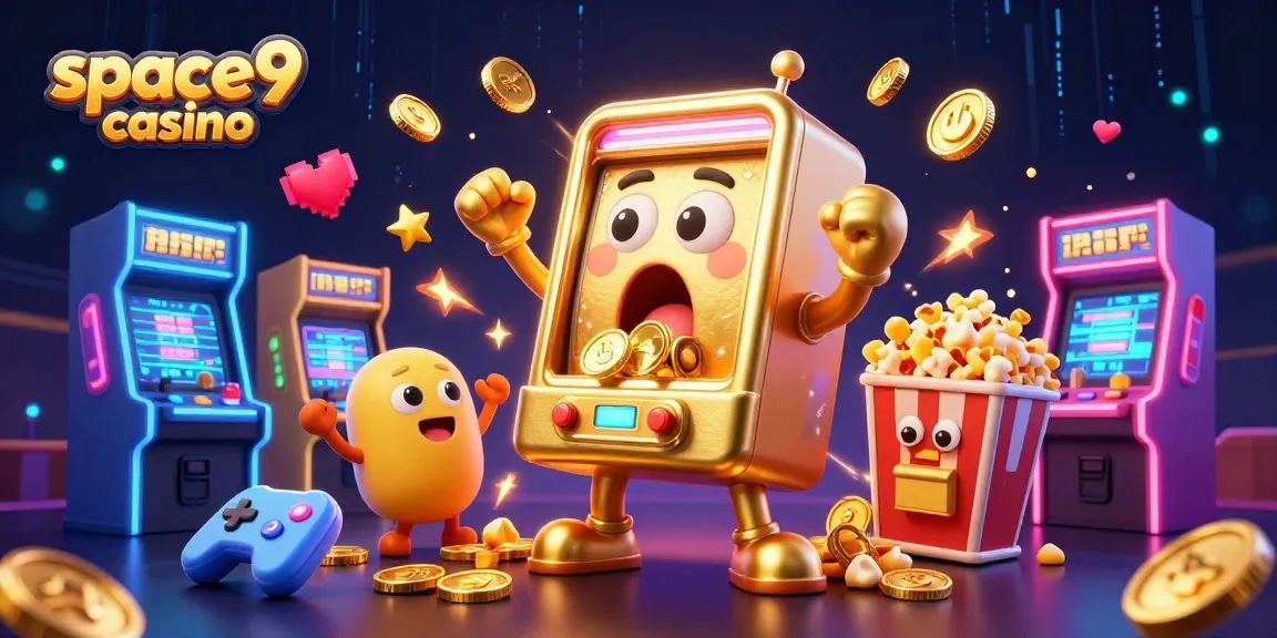 Experience the thrilling action at space9 casino with a joyful golden slot machine hitting a jackpot.