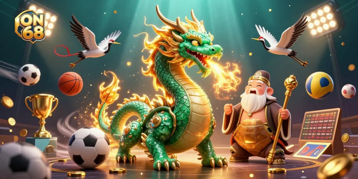 Engage with ON 68 and win: vibrant 3D scene featuring gaming elements and mythical characters.