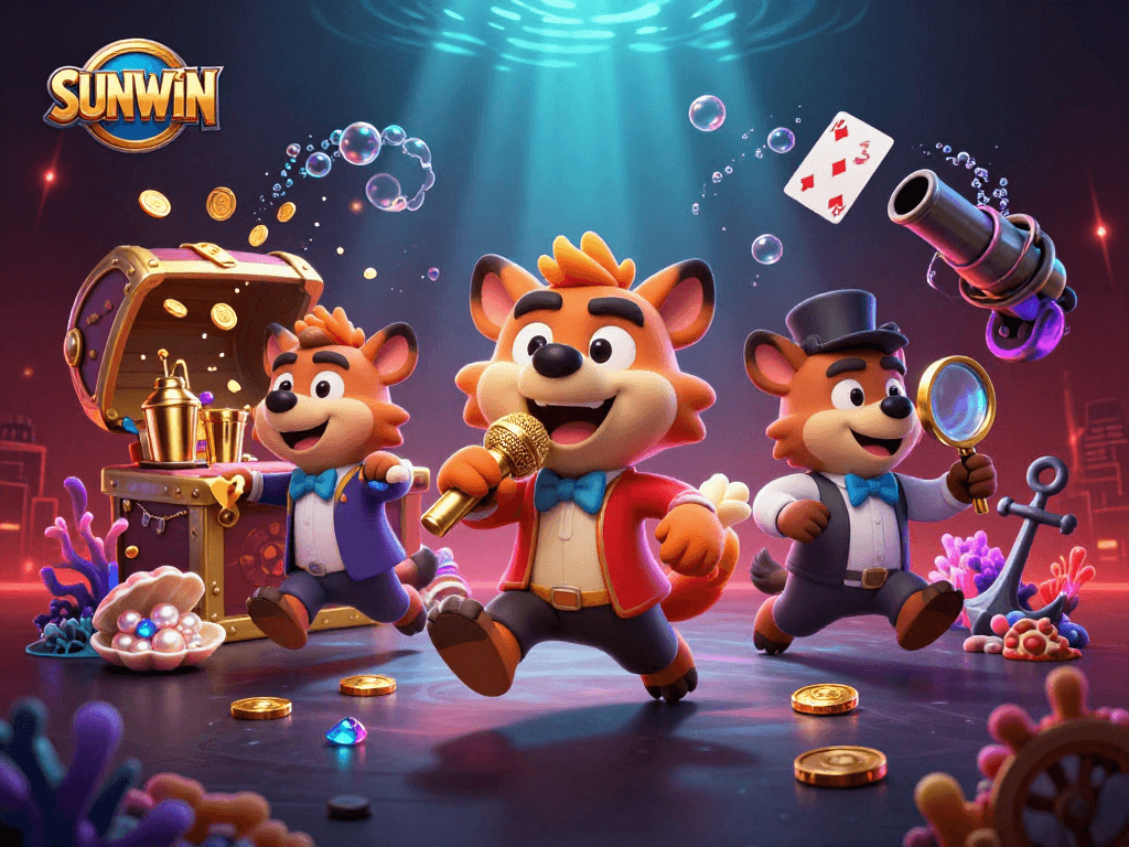 SUNWIN hyenas run a comedy casino club, mixing drinks and checking IDs surrounded by gold treasures and casino elements