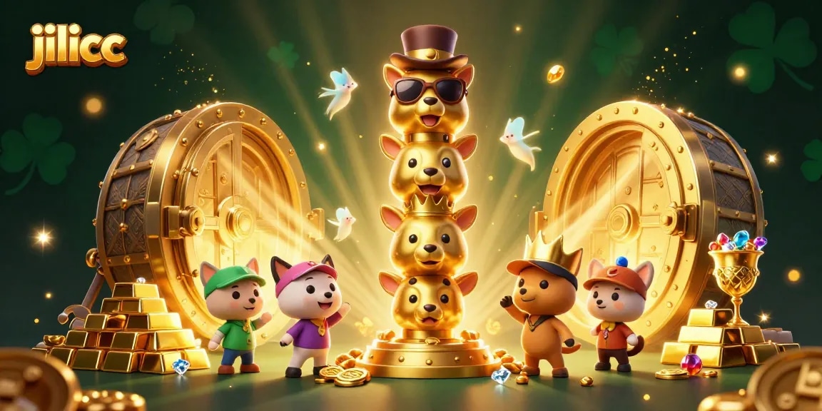 Experience jilicc with vibrant 3D casino totem illustrations and golden treasure effects in a lively setting.