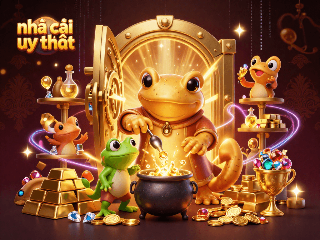 Experience the thrills at nhà cái uy tín with a vibrant 3D casino illustration featuring magical alchemy and treasure.