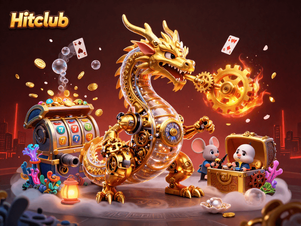 Hitclub features an energized scene with a golden dragon, exploding treasure, and slot reels, all showcasing casino excitement.