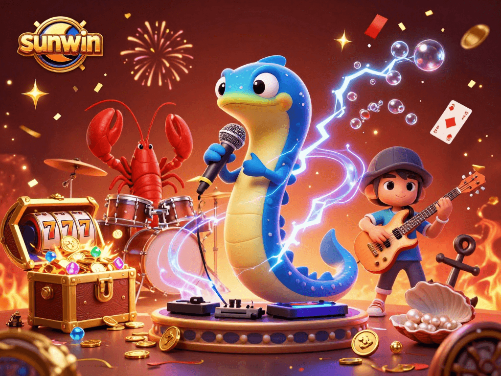 Experience sunwin's thrilling underwater casino vibe with electric eel DJ and lively instruments.