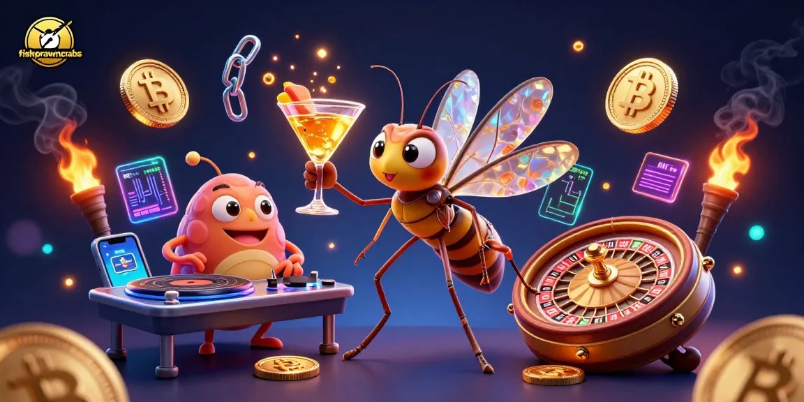Engage with fishprawncrabs at this vibrant casino scene featuring a unique frozen mosquito mascot.