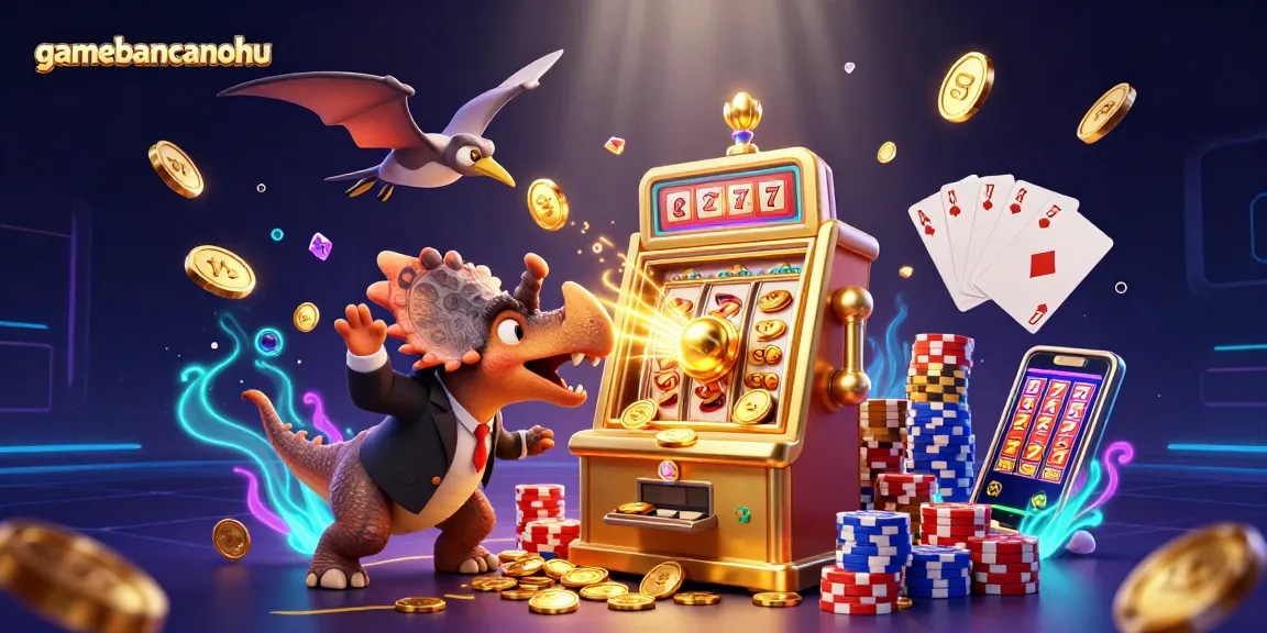 gamebancanohu showcases a pachycephalosaurus winning a jackpot at a vibrant casino scene.