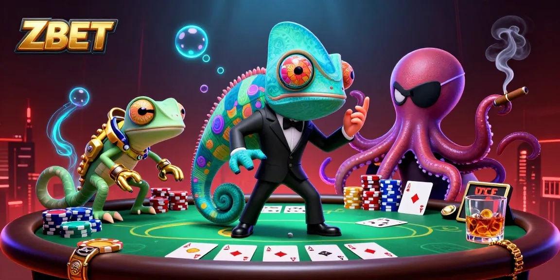 ZBET showcases thrilling poker action with a colorful chameleon, a gadget-savvy gecko, and an octopus villain.