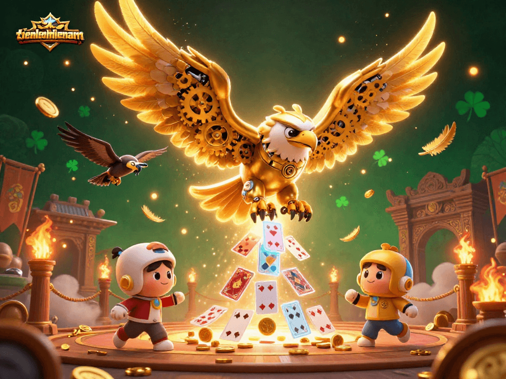Experience thrilling action in the world of tienlenmiennam with a cybernetic golden eagle amidst holographic cards.