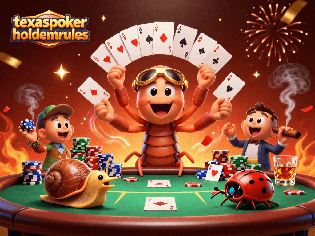 Engage in TexasPokerHoldemRules at a vibrant casino scene featuring a millipede dealer and high rollers.
