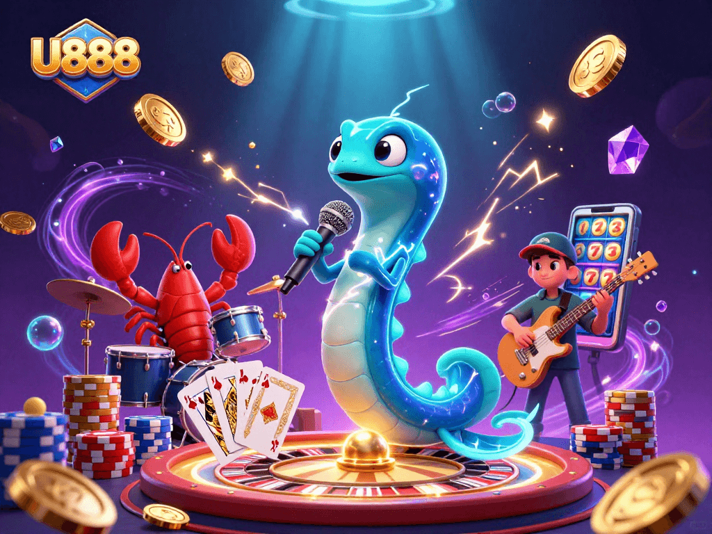 U888 showcases thrilling casino fun with a DJ electric eel, lobster drummer, and seahorse guitarist.