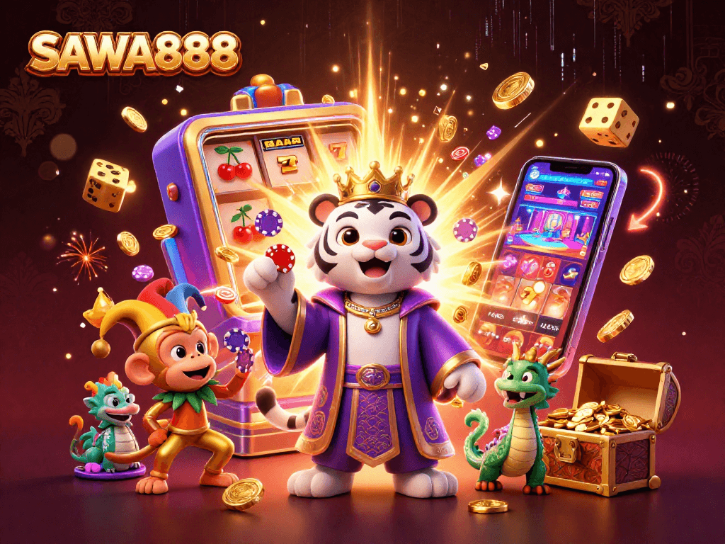 SAWA888 showcases thrilling jackpot excitement with a royal tiger and fun monkey amidst casino action.