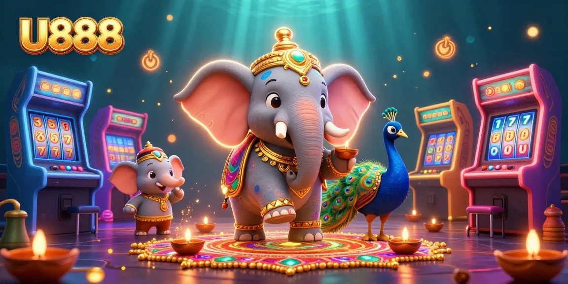 U888 players spin jackpots with colorful characters and engaging arcade games in this vibrant casino scene.