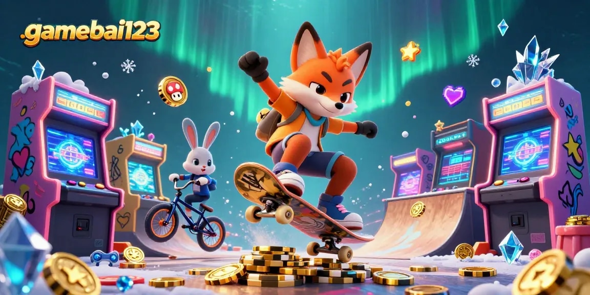 Experience the excitement of gamebai123 with a vibrant casino-themed 3D illustration featuring gaming characters.