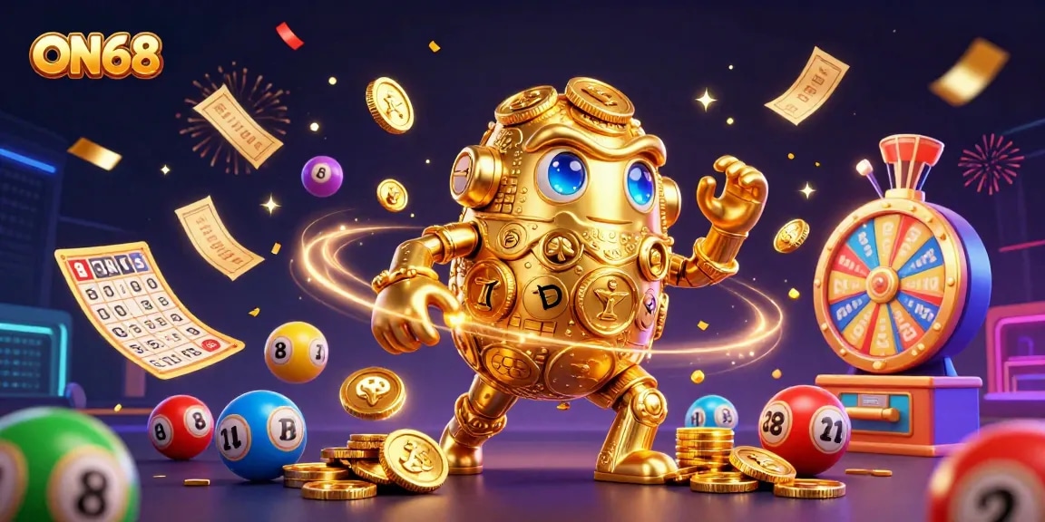 Engage in ON68's thrilling gaming adventure with this vibrant 3D illustration featuring dynamic casino elements.