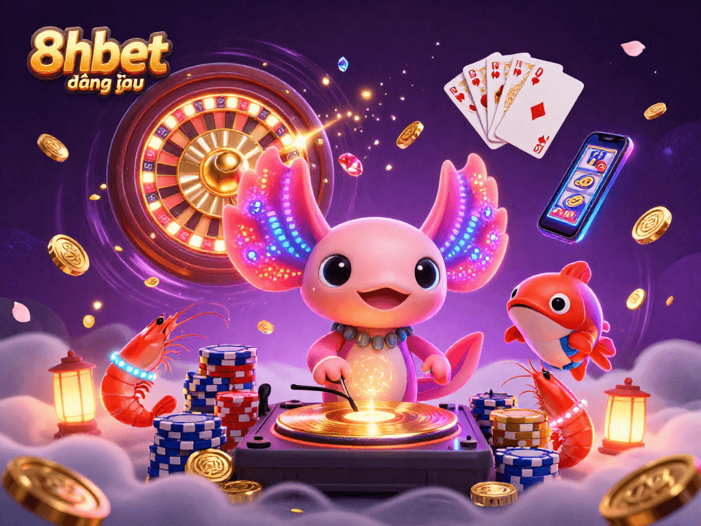 Experience 8xbet đăng nhập with vibrant animated characters and dazzling casino elements in a lively scene.
