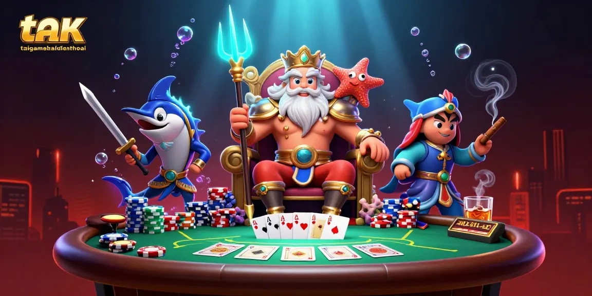 Experience the excitement of taigamebaidienthoai with Neptune and poker elements in a vibrant underwater scene.