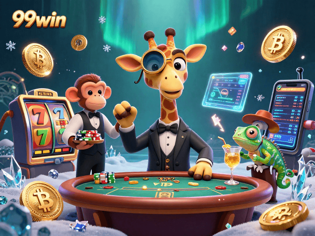 Engage with 99win’s exciting casino atmosphere featuring vibrant characters and gaming elements.