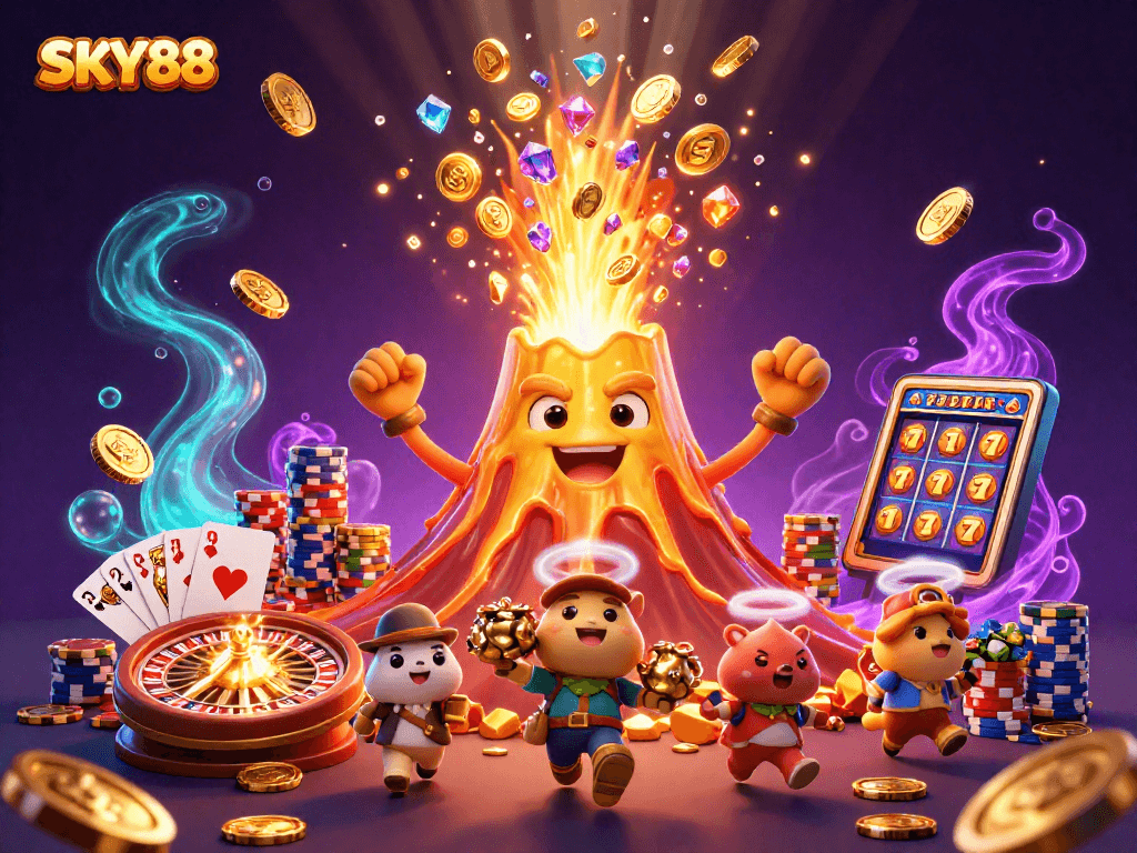 Sky88 unleashes thrilling casino action with dynamic gold coins, roulette wheel, and vibrant gaming elements.