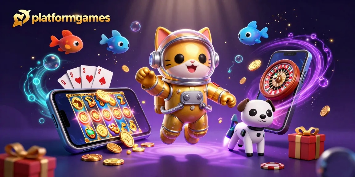 Experience the excitement of platformgames with a vibrant 3D scene featuring an astronaut cat and casino elements.