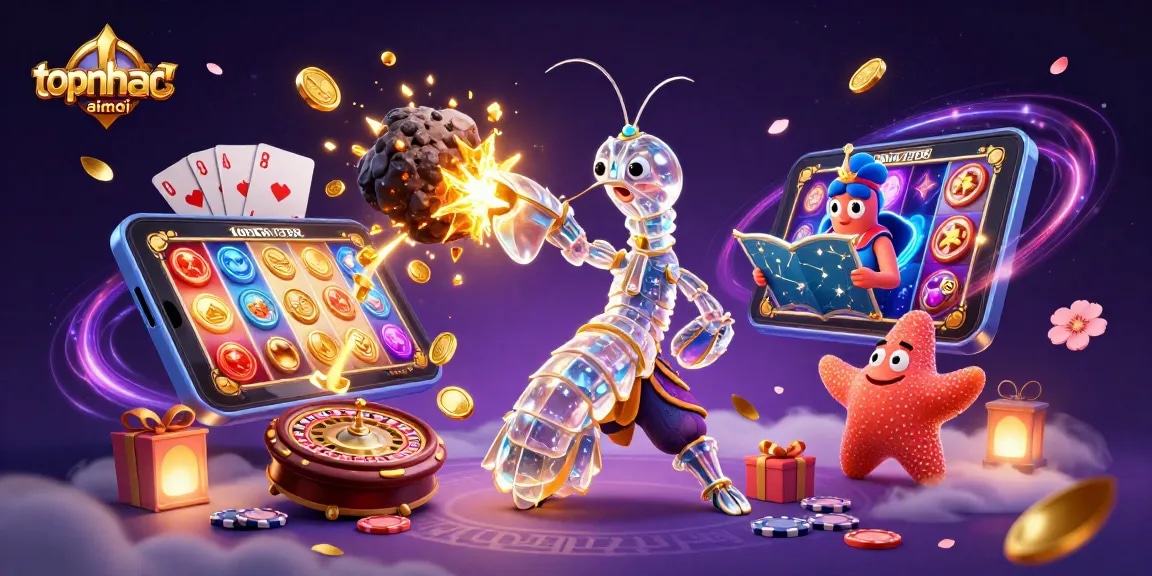 topnhacaimoi showcases an explosive 3D illustration with a galactic mantis shrimp and starfish amidst casino elements.