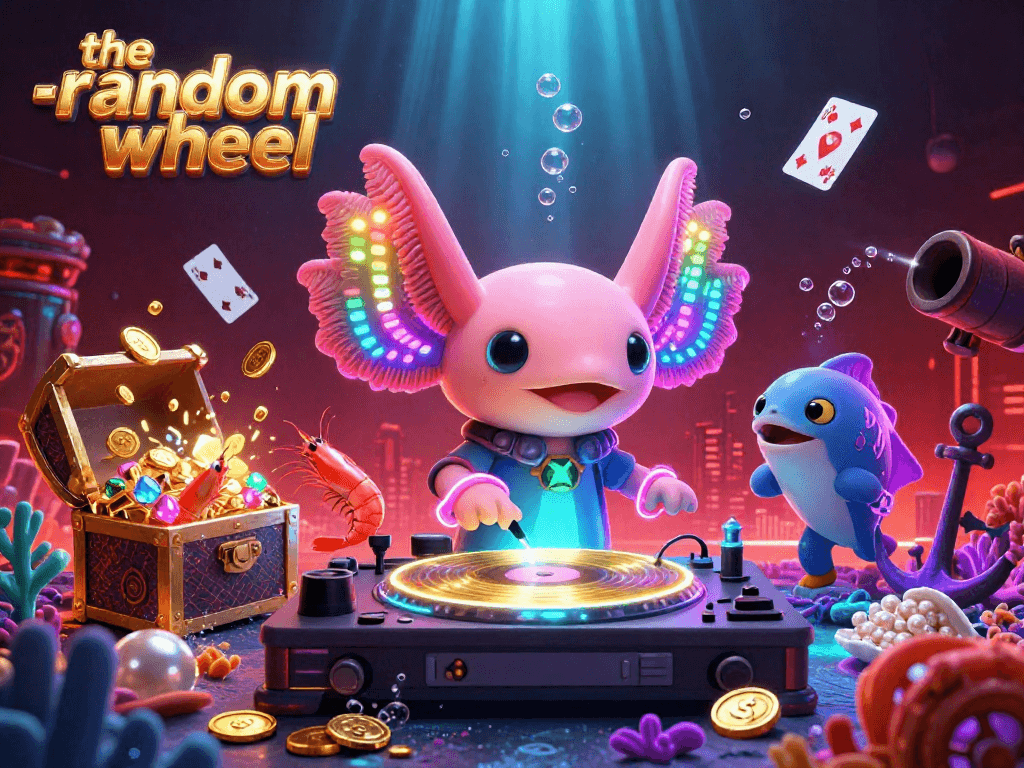 Spin and win with the-random-wheel in a vibrant underwater casino scene featuring a neon axolotl DJ.