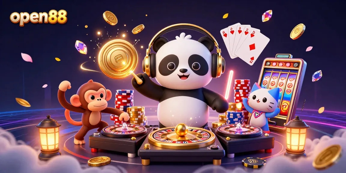 Experience exciting gameplay at open88 with a 3D DJ panda spinning on roulette-themed turntables amidst lively casino elements.