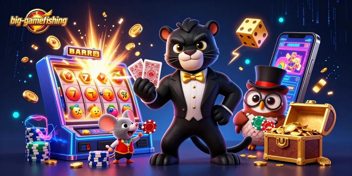 big-gamefishing scene with a tuxedoed panther dealing cards as dynamic casino elements surround