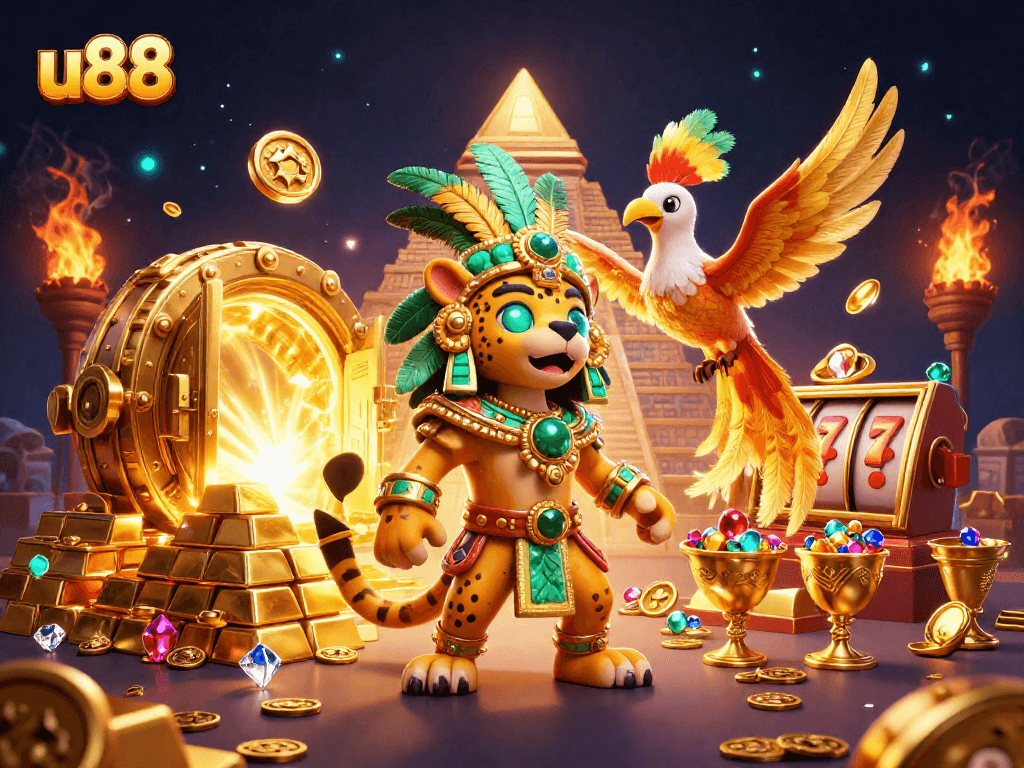 u88's vibrant casino scene showcasing Mayan elements with glowing treasures, jackpot symbols, and dynamic ambiance