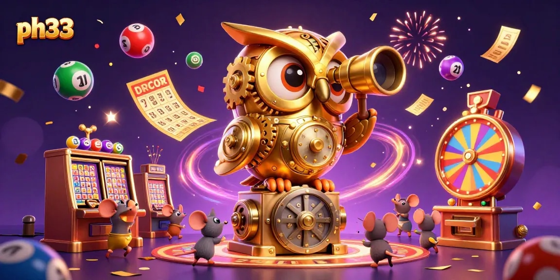 Experience ph33's vibrant casino scene with a golden owl, colorful games, and dynamic betting elements.