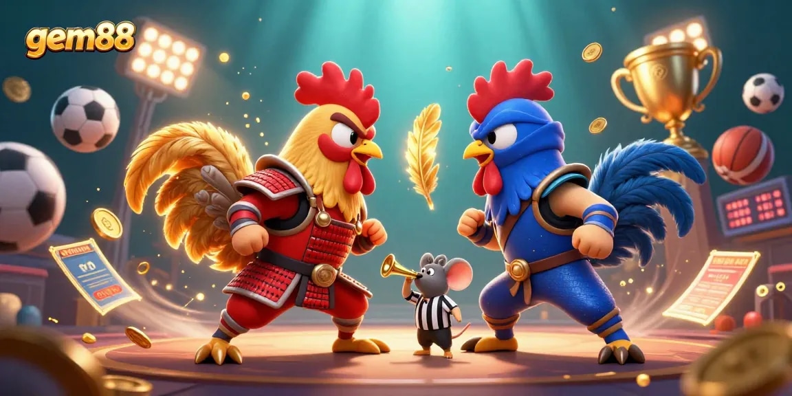 Experience thrilling action with gem88 as roosters battle in a dynamic 3D gambling scene enriched with golden elements.