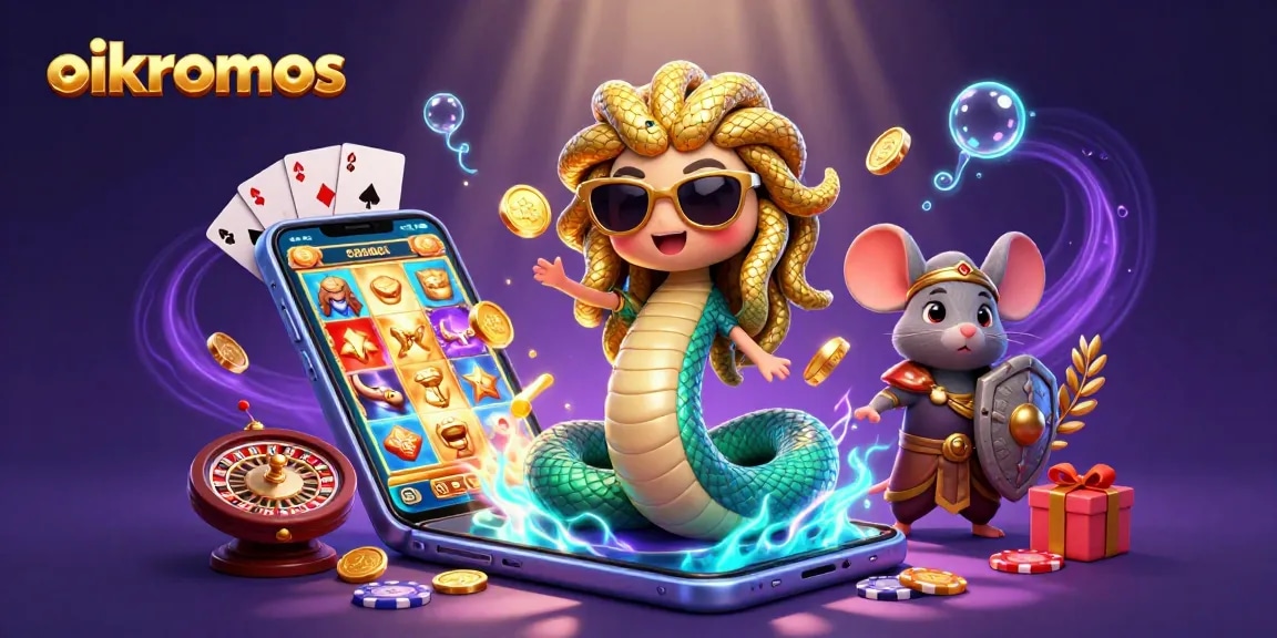 Spin to win at oikonomos with a vibrant 3D casino scene featuring Medusa, coins, and fun game elements.