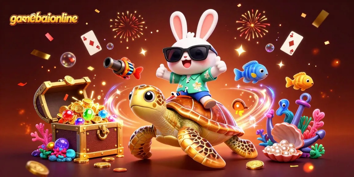 Join the adventure in gamebaiionline with a lucky rabbit and golden sea turtle amidst vibrant casino elements.