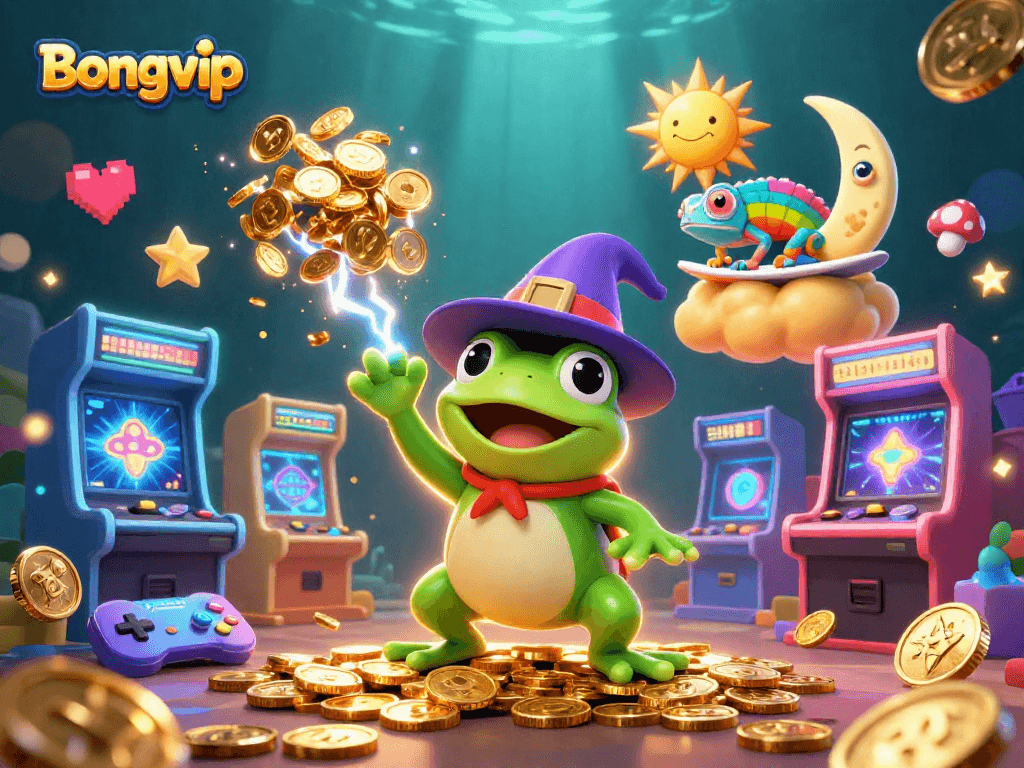 Bongvip players enjoy an exciting golden storm of coins in this vibrant 3D casino illustration.