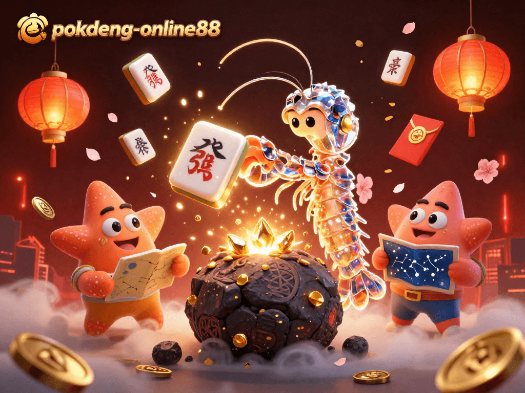 Engage in thrilling gameplay with pokdeng-online88, featuring vibrant cartoon characters amidst dynamic casino elements.