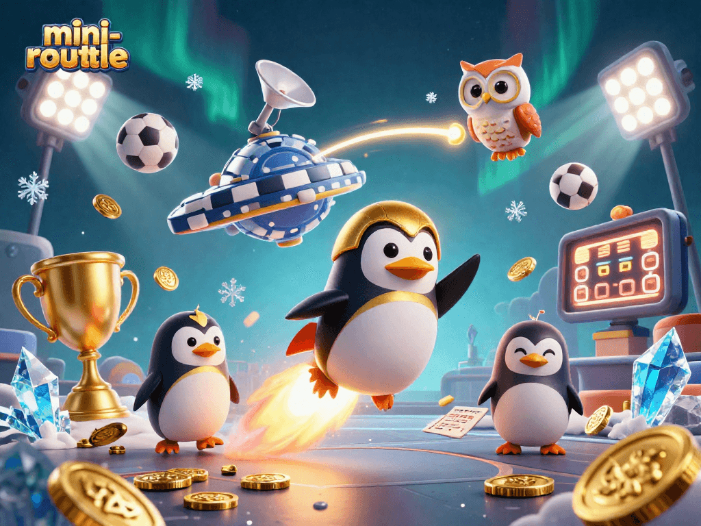 Win big with mini-roulette as a golden penguin navigates a vibrant casino universe!