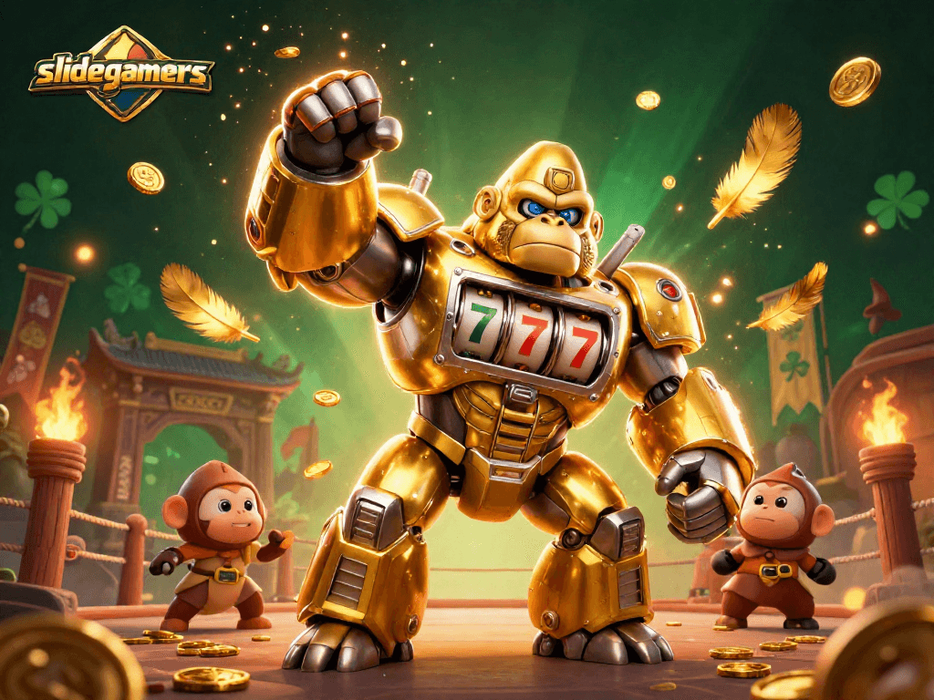 Engage with slidegamers' thrilling action featuring a golden gorilla mech amidst casino excitement.