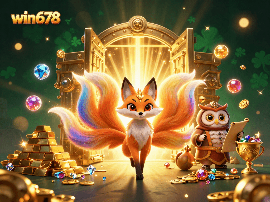 Win678 showcases a vibrant 3D scene with a glowing nine-tailed fox and treasures, celebrating excitement.