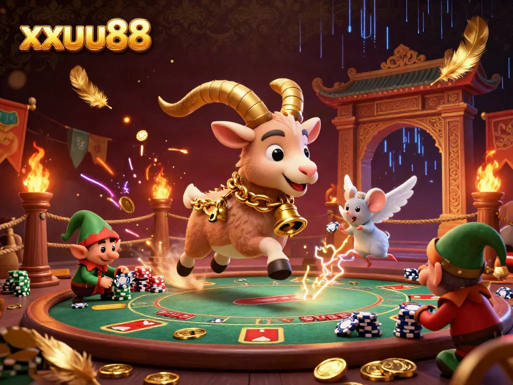 Experience the thrilling xxuu88 casino with Krampus, angel mouse, and mischievous gremlins in a dynamic game scene.