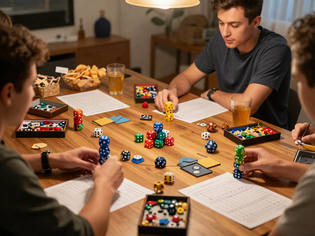 Players enjoying a game night stacking dice in a cozy living room, dicestack.net.